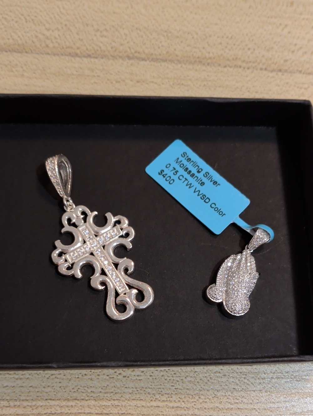 Worship Bundle Sterling Silver Moissanite Cross & Praying Hands Necklace Charm